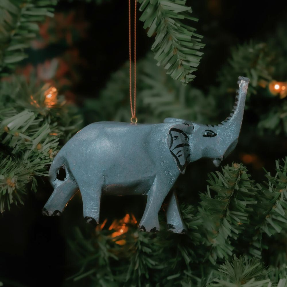 Painted Wood Elephant Christmas Ornament