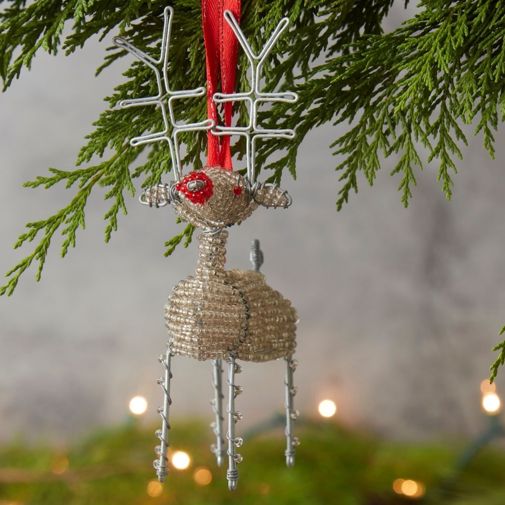 Maasai Beads White Reindeer Christmas Ornament