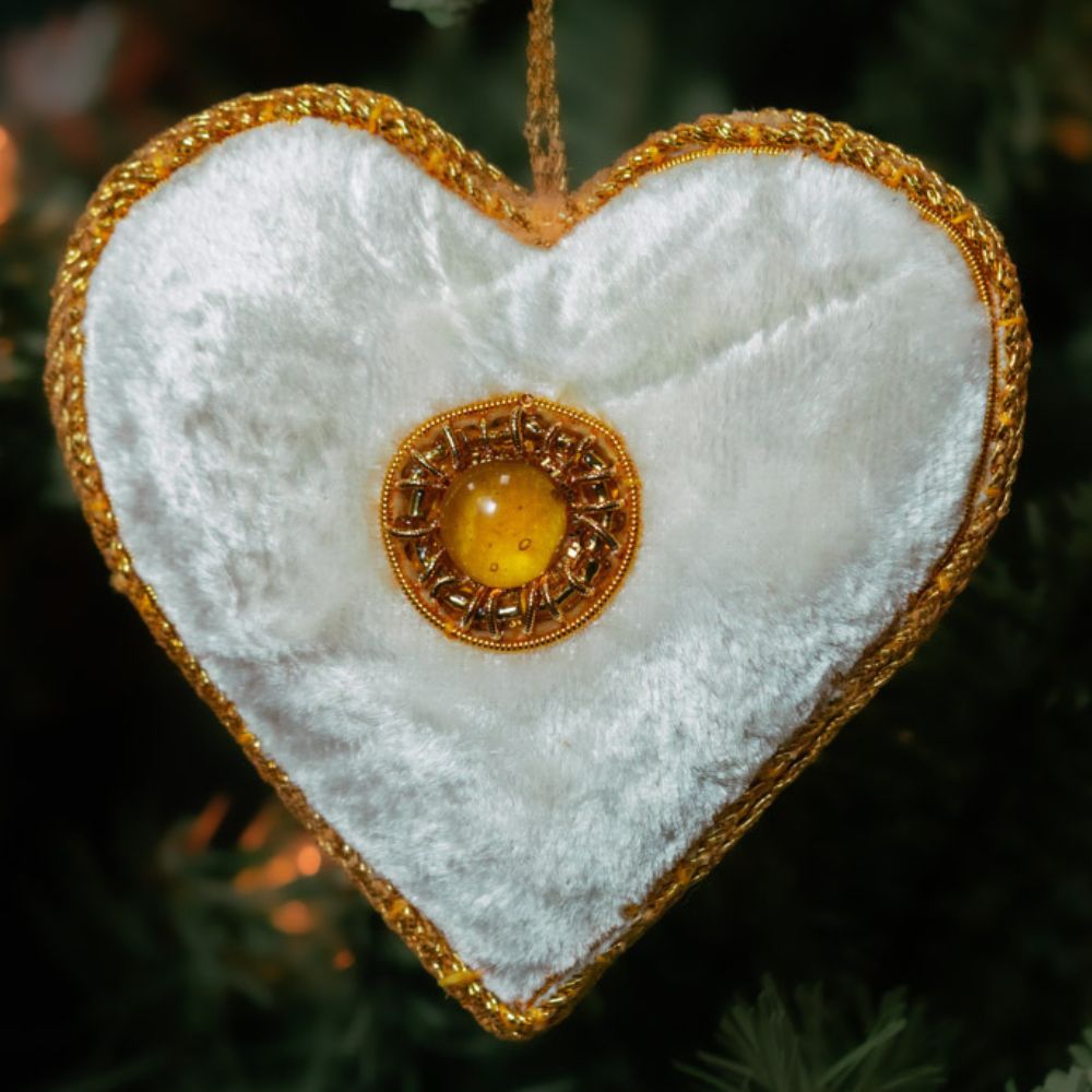 White Zardozi Heart Ornament